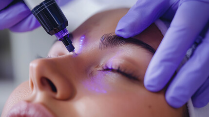 Close-up of a woman’s face receiving a cosmetic laser treatment around her eyes, performed by a professional with purple gloves.