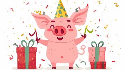 Naklejka premium A charming caricature of a pig with a birthday party hat, waving happily among festive confetti and gifts