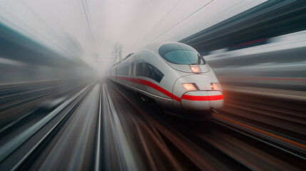 Obraz premium A high-speed train moving rapidly through a foggy landscape, with motion blur highlighting its speed and efficiency, set against a backdrop of blurred tracks and mist.