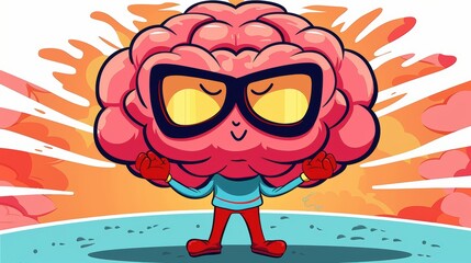 Vibrant, comic-style illustration of a superhero brain with sunglasses posing heroically