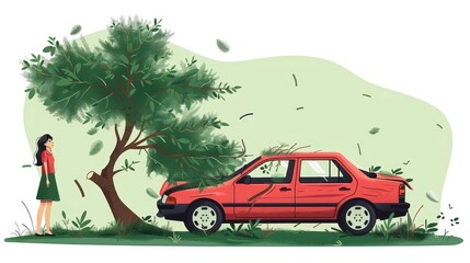 Simplistic illustration of a young girl looking at a red car with a strong wind blowing leaves around
