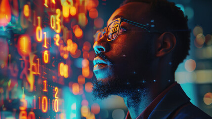 A man closely analyzing data displayed on a digital screen with numbers and lights in the background.