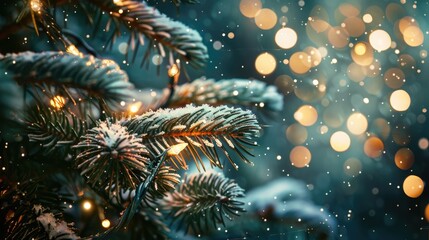 Christmas tree branch featuring lights and snow at night