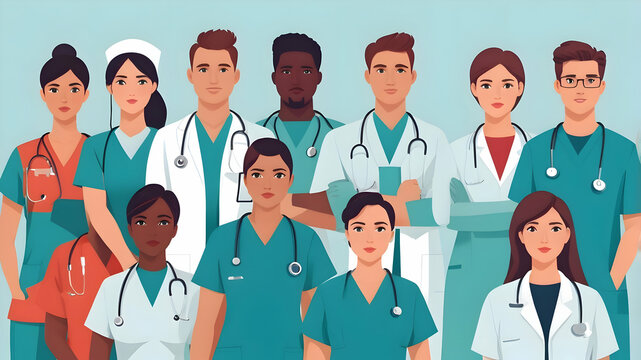 A detailed vector design of doctors and nurses in scrubs and lab coats standing together, vector 
