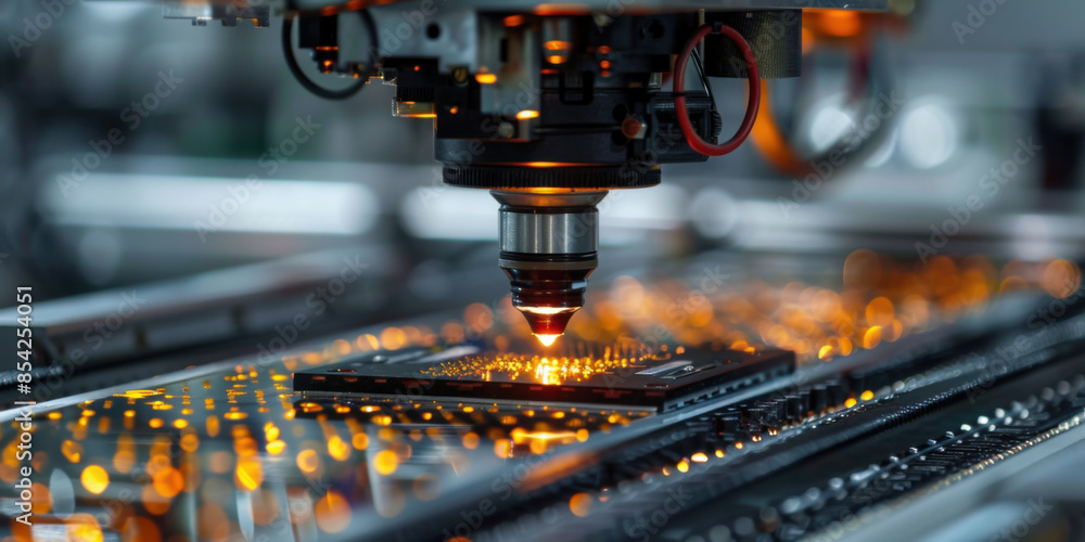 Poster close-up of a high-precision laser machine working on an electronic component in a factory, emitting