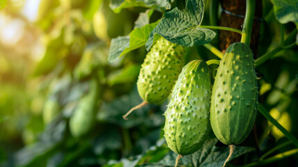 Close-up of fresh green cucumbers hanging on a vine with lush leaves in a sunny outdoor garden.