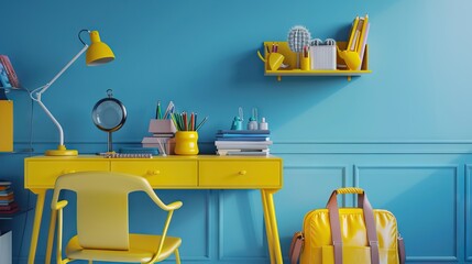 Modern blue wall interior style home and office. Back to school. Book, pencil, bag lamp on top. AI generated illustration