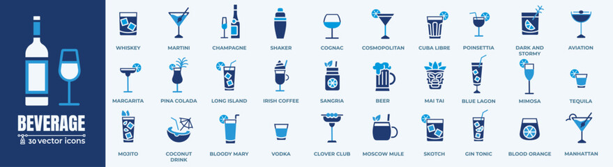 Alcoholic cocktails icons set. Simple outline cocktails icons isolated on white background. Set includes beer, mojito, whiskey. Icons set for restaurant, pub, bar. Vector illustration