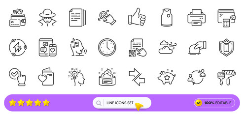 Copy documents, Fraud and User communication line icons for web app. Pack of Smartphone protection, Donate, Printer pictogram icons. Windy weather, T-shirt, Voicemail signs. Money. Search bar. Vector