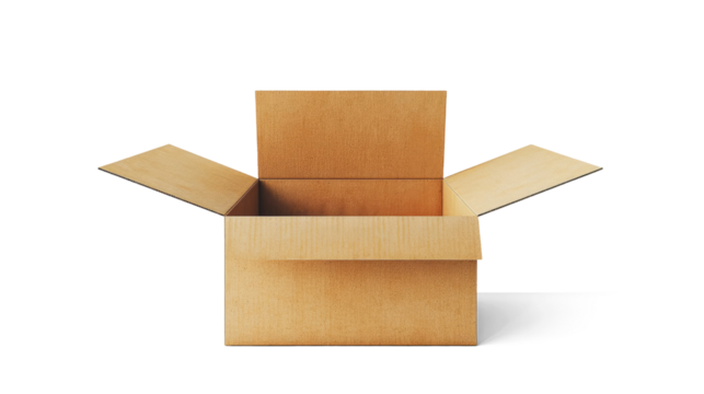 Large Open Cardboard Box with Lid | Isolated on White Background | Isolated on Transparent & White Background | PNG File with Transparency