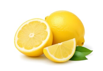 Whole and sliced lemons with green leaves, fresh and juicy citrus fruit