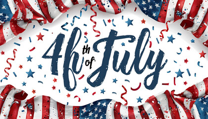 Fototapeta premium American Flag frame with confetti and ribbons, with the text 4th of July. Generated by AI.