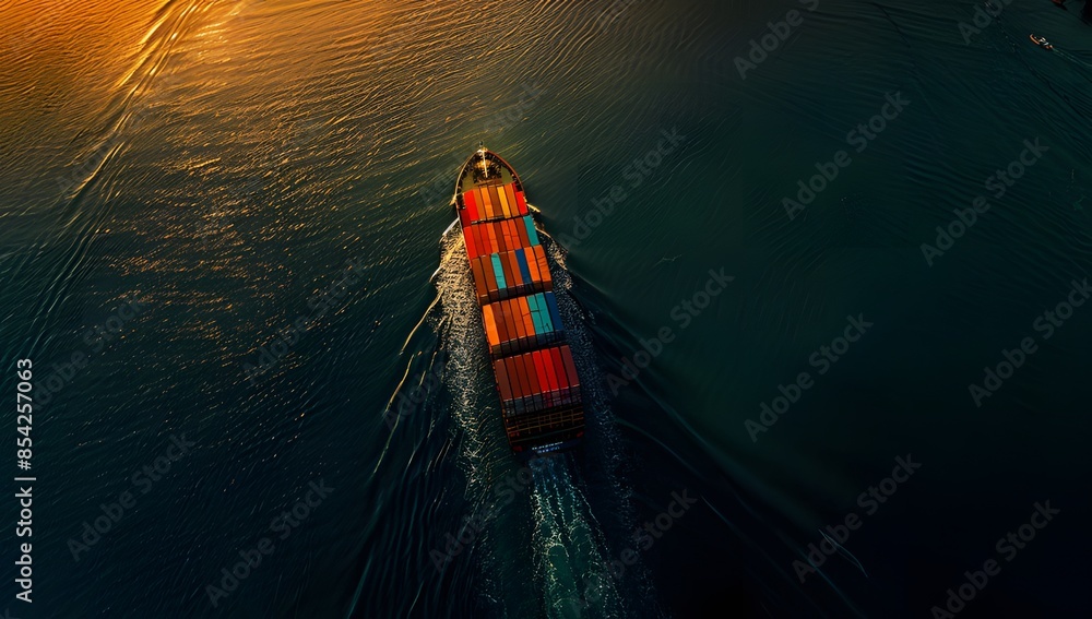 Wall mural aerial view of a cargo ship with colorful containers sailing in the open sea at sunset ai generative - Wall murals