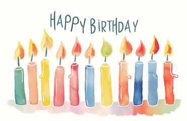 Colorful watercolor birthday candles with flames and the words "Happy Birthday" above them