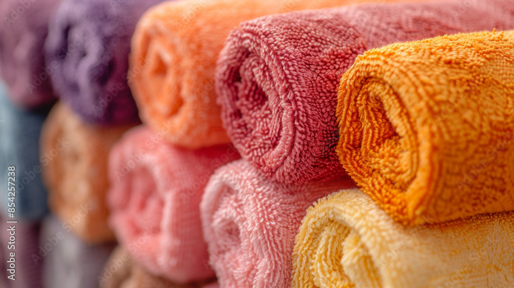 Poster a stack of colorful rolled towels arranged neatly, showcasing vibrant hues and soft textures, perfec