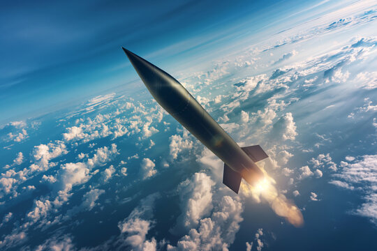 Missile soaring in the sky during world war, military conflict concept
