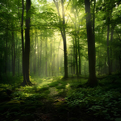 Naklejka premium Early Morning Serenity in a Lush Forest with Sunlight Filtering Through the Tall Trees and a Meandering Path