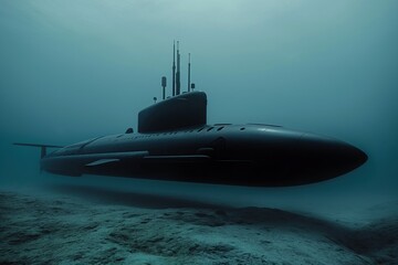 Submarine underwater in dark blue ocean, world war concept