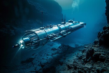 Obraz premium Underwater autonomous submarine exploring deep ocean terrain, marine technology concept