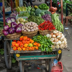 Vibrant Street Vendor's Cart Overflowing with Fresh Colorful Vegetables