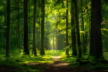 Fototapeta premium Early Morning Serenity in a Lush Forest with Sunlight Filtering Through the Tall Trees and a Meandering Path