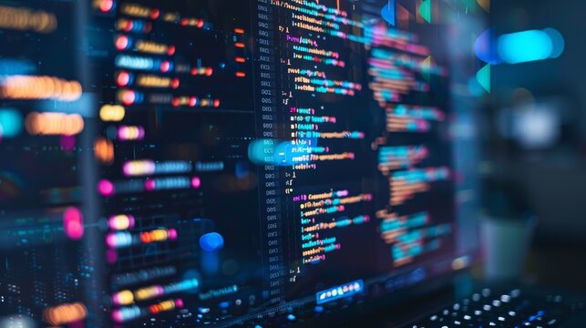 Technology of Software development, web design, programming concept. Program code on screen laptop, phone, code of program, data, interface elements on screen laptop. Software development Tech Banner
