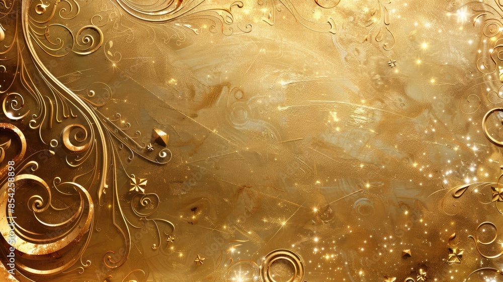 Poster gold background adorned with swirling patterns and celestial elements