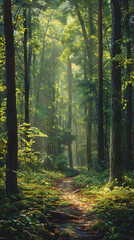 Early Morning Serenity in a Lush Forest with Sunlight Filtering Through the Tall Trees and a Meandering Path