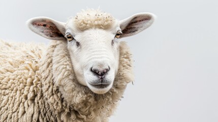 Fototapeta premium A white sheep chewing while facing the camera on a plain white background
