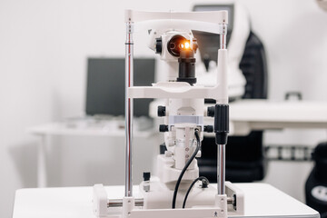 The concept of new ophthalmological and modern technologies, diagnostics and vision treatment. Interior of a modern ophthalmology clinic with modern equipment.