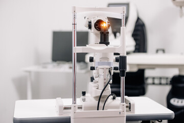Interior of a modern ophthalmology office. Concept of examination, diagnostics and vision correction.