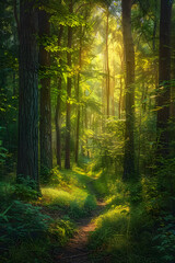 Fototapeta premium Early Morning Serenity in a Lush Forest with Sunlight Filtering Through the Tall Trees and a Meandering Path