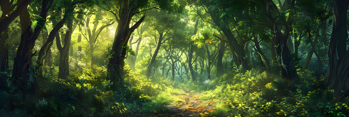 Early Morning Serenity in a Lush Forest with Sunlight Filtering Through the Tall Trees and a Meandering Path