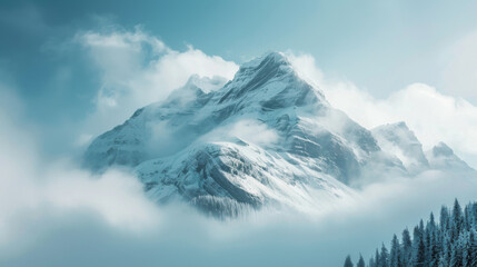 A breathtaking snow-covered mountain peak emerging from a sea of clouds, creating a serene and majestic landscape.