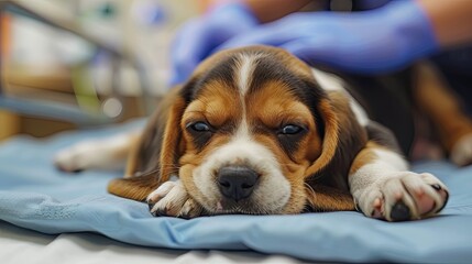 Image of A veterinarian wearing gloves examines a sick and sad-looking Beagle puppy's in a clinic, focusing on the dog's health and well-being.