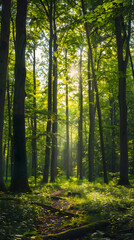 Obraz premium Early Morning Serenity in a Lush Forest with Sunlight Filtering Through the Tall Trees and a Meandering Path