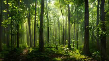 Early Morning Serenity in a Lush Forest with Sunlight Filtering Through the Tall Trees and a Meandering Path