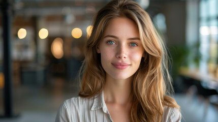 Obraz premium Portrait of a young woman with long hair smiling confidently in a modern, well-lit office environment.
