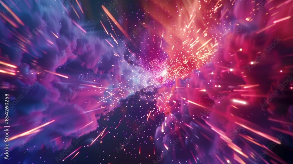 Poster bursting with energy cosmic rays create a dazzling display of light and movement.