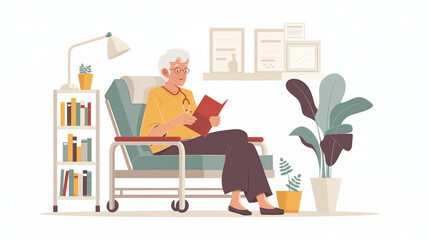An illustration of an elderly woman reading a book while sitting in a wheelchair, surrounded by plants and bookshelves, depicting a peaceful and studious environment.