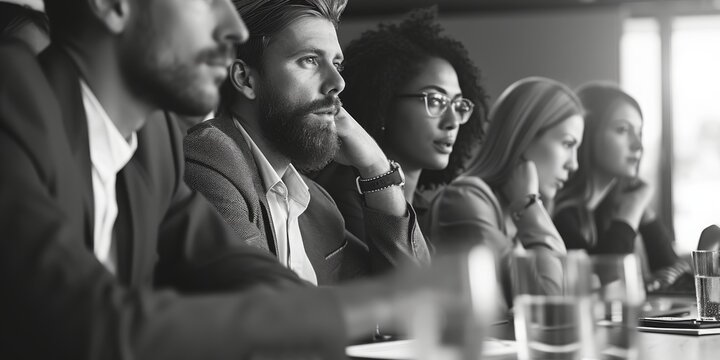 A timeless black and white photograph captures professionals deep in thought during a brainstorming session. Their expressions and interactions around the conference table highlight unity and