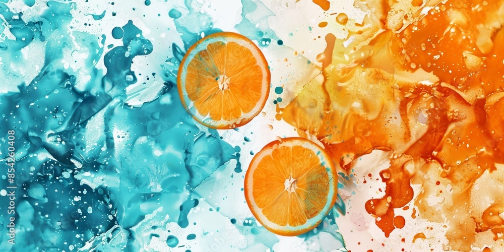 Wall mural Vibrant abstract artwork featuring sliced oranges and colorful splashes, copy space, background concept