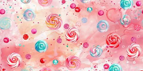Colorful swirled candies on pink watercolor background for a sweet and playful design concept