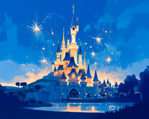Cartoon illustration of a Beautiful castle at night 