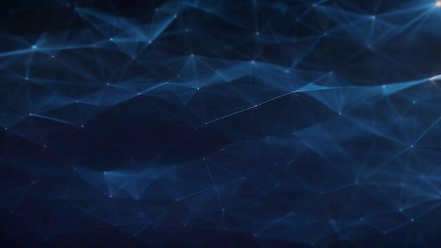 Waves of abstract futuristic animation with a technology pattern net with polygonal shapes on dark blue background. Digital technology 3d concept for a modern wallpaper in motion