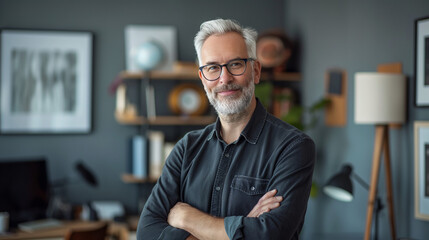Fototapeta premium Portrait of a scary gray-haired man standing in a home office, crossing his arms on his chest and looking confidently and smiling at the camera