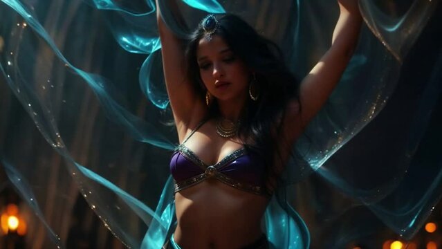 oriental dancer dancing with suggestive and exotic movements, surrounded by blue smoke and veils. Fantasy scene and daydream in the court or the harem of a persian vizier