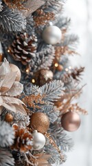  Close-up of a Christmas tree decorated with gold and silver ornaments, pine cones, and festive lights. The elegant decorations create a luxurious holiday look.