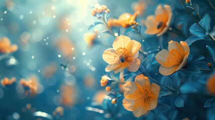 Summer Bliss: Macro Artistic Image of Bright Yellow Flowers and Bee in a Fairy Garden with Blue and Green Foliage - Banner Format