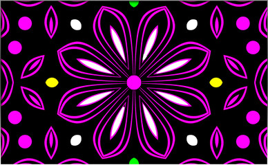 Abstract, vibrant pattern featuring a large, symmetrical pink and white flower in the center, is set against a black background with scattered polka dots 